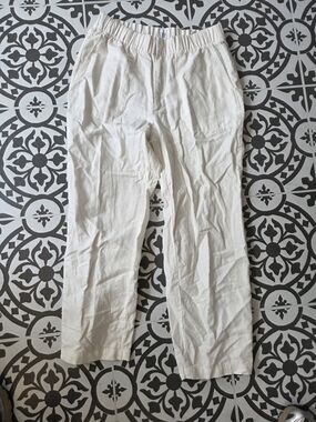 Womens's Casual Elastic-Waist Linen Blend Pants in White